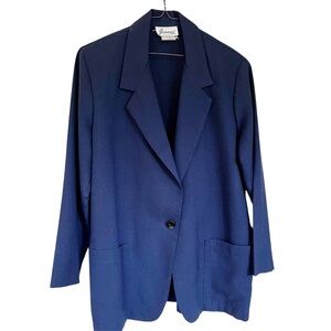 Vintage Joanna navy blue polyester and rayon blend single-button blazer